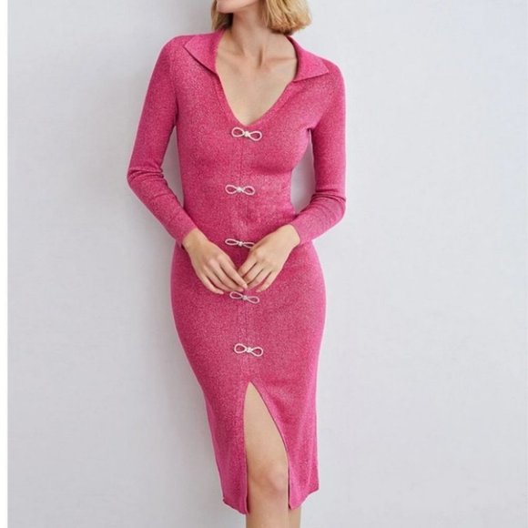 pink sparkle knit bow button detail split hem dress - Picture 3 of 10